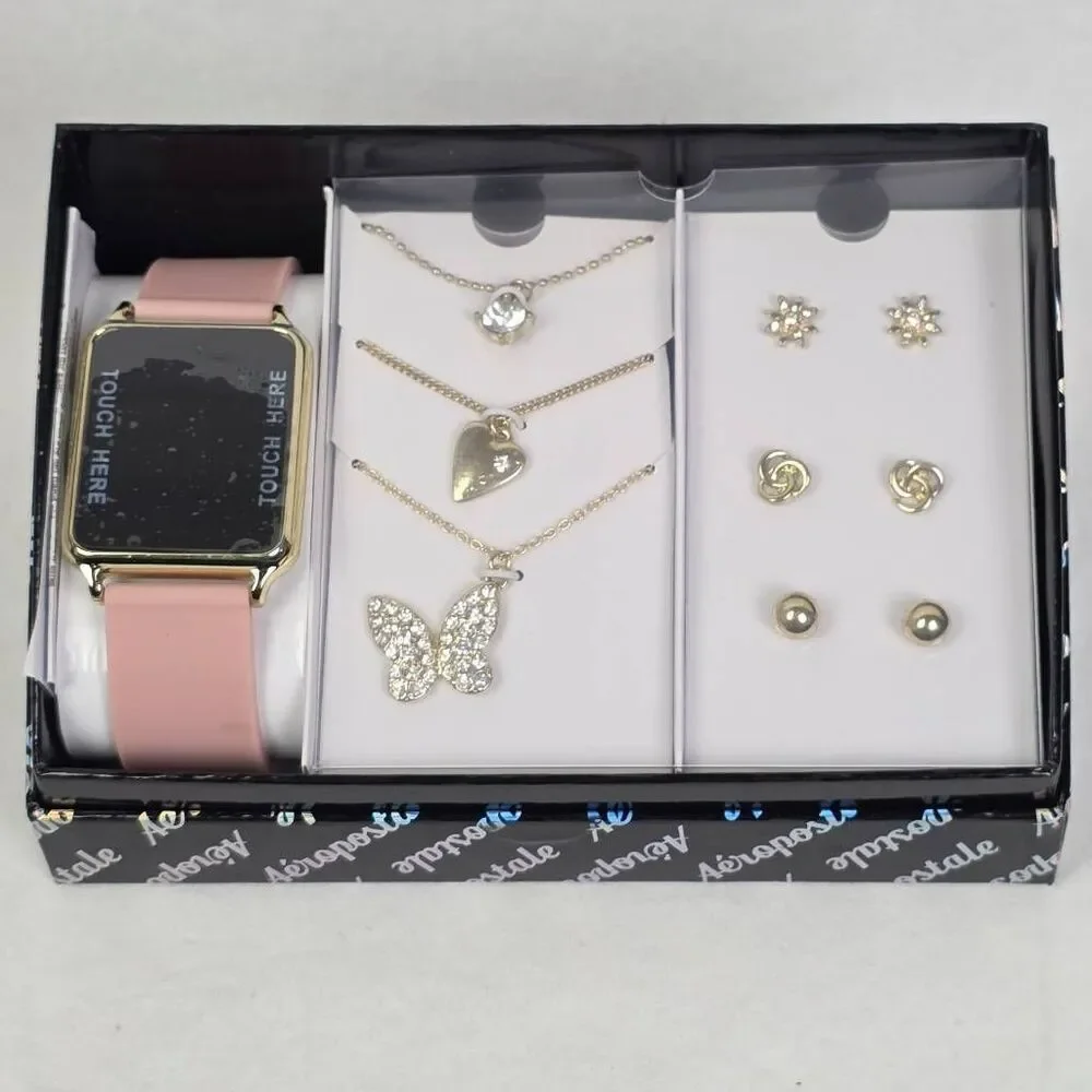 Aeropostale Digital Watch Jewelry Set Pink Gold Tone